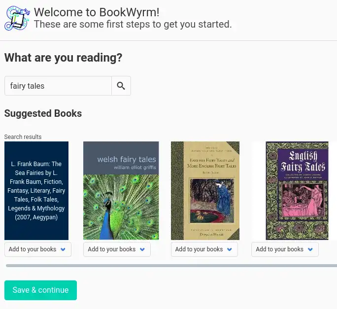 A search for "fairy tales" on a BookWyrm website with four fairy tale books in the search results.