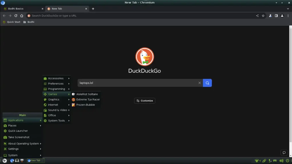 Screenshot of a computer screen running Bodhi Linux. The webpage is DuckDuckGo. A menu is also opened showing three computer games: AisleRiotSolitaire, Extreme Tux Racer and Frozen-Bubble.